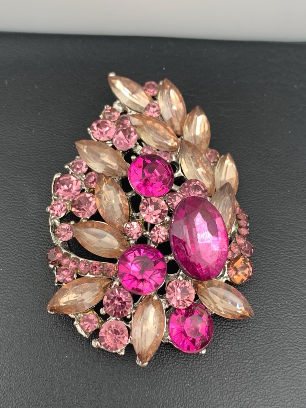 Pink Glass Crystal Floral Statement Brooch Sparkling Pink and Champagne Stones